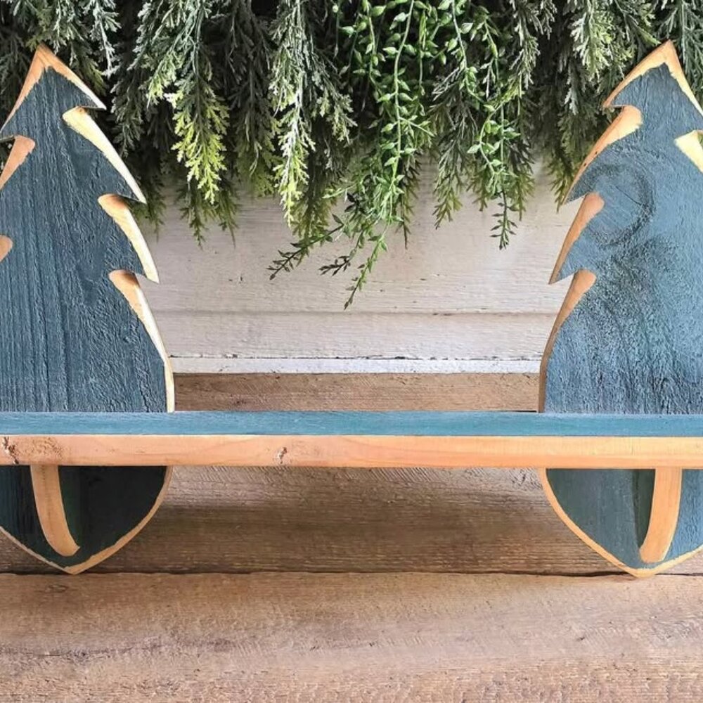 Primitive Distressed Green Wood Tree Wall Hanging Shelf Northwoods Cabin Decor